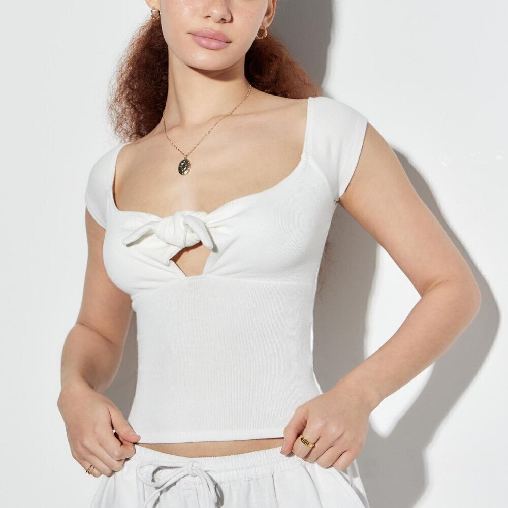 NWT UO Kimchi Blue Brittney Tie Front White Fitted Top